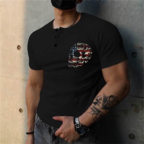 

Men's T shirt Tee Hot Stamping Graphic Patterned Skull National Flag Crew Neck Street Daily Button-Down Print Short Sleeve Tops Designer Casual Fashion Comfortable Black / Summer / Sports / Summer