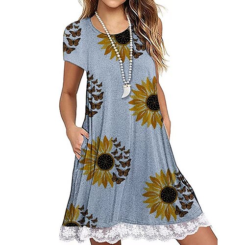 

Women's Casual Dress Short Mini Dress Blue Short Sleeve Floral Print Fall Summer Crew Neck Casual Vacation 2022 S M L XL 2XL 3XL 4XL 5XL / 3D Print