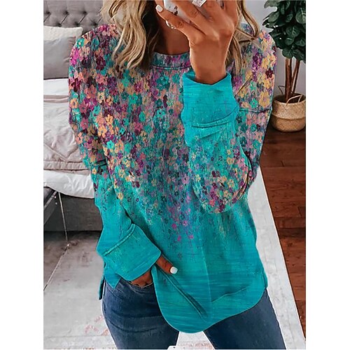 

Women's Sweatshirt Pullover Sportswear Casual Patchwork Print Blue Flower Loose Fit Casual Crew Neck Long Sleeve S M L XL XXL 3XL / 3D Print