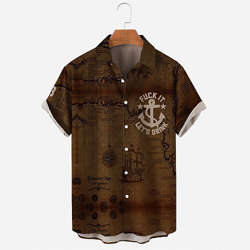 

Men's Shirt Print Map Turndown Street Daily Button-Down Print Short Sleeve Tops Casual Fashion Breathable Comfortable Coffee