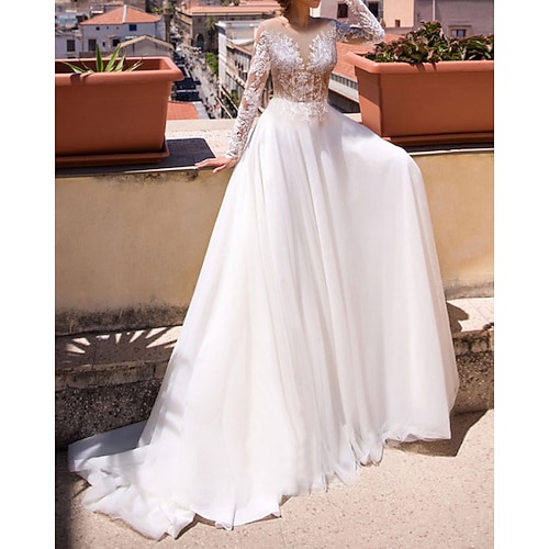 

A-Line Wedding Dresses V Neck Court Train Chiffon Lace Long Sleeve Beach with Pleats 2022