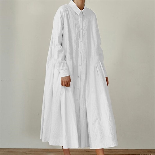 

Women's Shirt Dress Midi Dress White Black Long Sleeve Pure Color Ruched Button Fall Spring Shirt Collar Casual 2022 S M L XL XXL 3XL 4XL 5XL