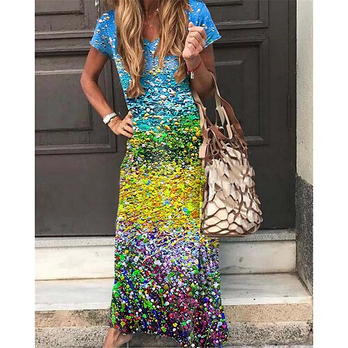 

Women's Shift Dress Maxi long Dress Green Blue Purple Short Sleeve Floral Split Print Spring Summer V Neck Casual Vacation 2022 S M L XL XXL 3XL