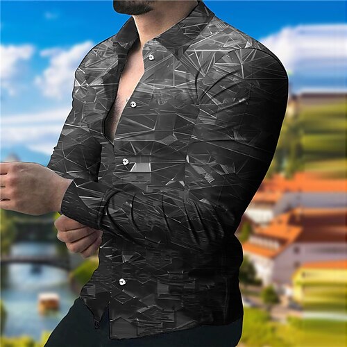 

Men's Shirt Graphic Shirt Geometry Turndown Gray 3D Print Outdoor Street Long Sleeve Button-Down Print Clothing Apparel Fashion Designer Casual Breathable