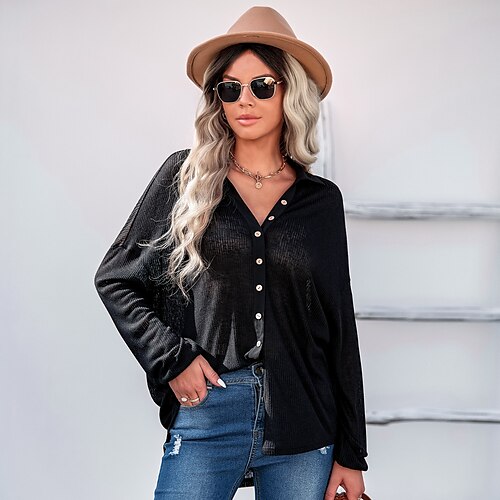 

Women's Blouse Plain Daily Work Weekend Blouse Shirt Long Sleeve Button Shirt Collar Casual Streetwear Black Khaki Orange S