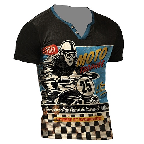 

Men's Unisex T shirt Tee 3D Print Graphic Prints Motorcycle V Neck Street Daily Button-Down Print Short Sleeve Tops Designer Casual Fashion Big and Tall Black / Summer