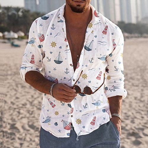 

Men's Shirt Print Rudder Turndown Street Daily Button-Down Print Short Sleeve Tops Casual Fashion Breathable Comfortable White