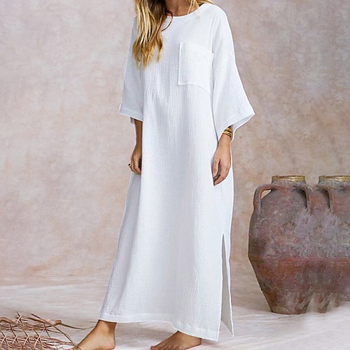 

Women's Casual Dress Linen Dress Long Dress Maxi Dress Black Khaki White Long Sleeve Pure Color Pocket Winter Fall Autumn Crew Neck Winter Dress Weekend Fall Dress Loose Fit 2023 S M L XL XXL 3XL 4XL