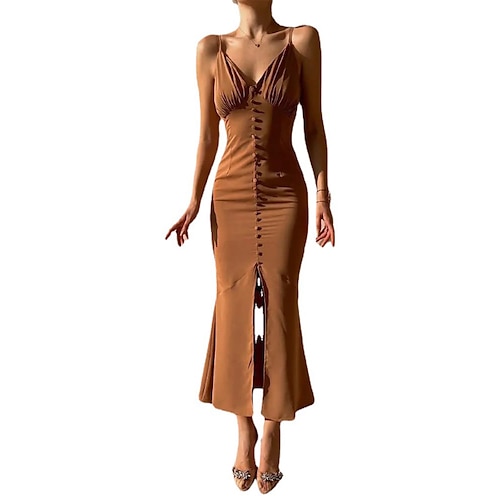 

Women's Sheath Dress Maxi long Dress Brown Sleeveless Pure Color Backless Cold Shoulder Button Spring Summer Spaghetti Strap Party Elegant 2022 S M L XL / Party Dress