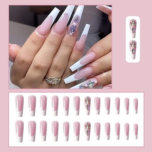 

Nail Art Ballet Coffin Nail Removable Nail Pieces White French Color Diamond Fake Nails