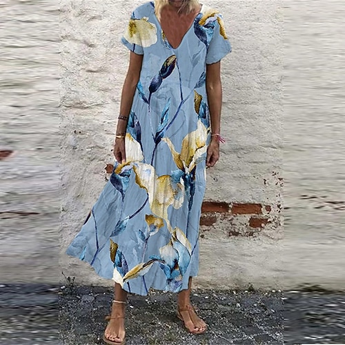 

Women's Shift Dress Maxi long Dress Green Blue Purple Short Sleeve Floral Print Spring Summer V Neck Elegant Casual Vacation 2022 S M L XL XXL 3XL