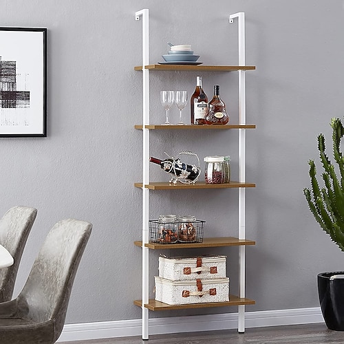 

5-Shelf Wood Ladder Bookcase with Metal Frame Industrial 5-Tier Modern Ladder Shelf Wood ShelvesWalnut