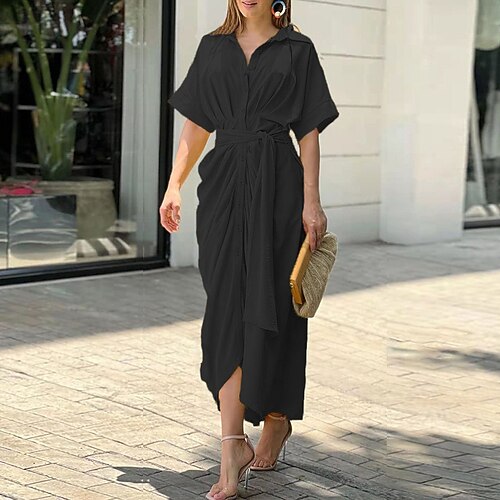

Women's Shirt Dress Maxi long Dress Black Short Sleeve Pure Color Lace up Button Spring Summer Shirt Collar Elegant Classic Loose 2022 S M L XL XXL 3XL