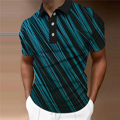 

Men's Collar Polo Shirt Golf Shirt Linear Turndown Blue 3D Print Outdoor Street Short Sleeves Button-Down Print Clothing Apparel Fashion Designer Casual Breathable / Summer / Spring / Summer
