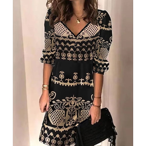 

Mujer Vestido de una línea Mini vestido Negro Manga Larga Estampado Estampado Verano Primavera Escote en Pico Elegante Vestido de invierno vestido de otoño 2023 S M L XL XXL 3XL