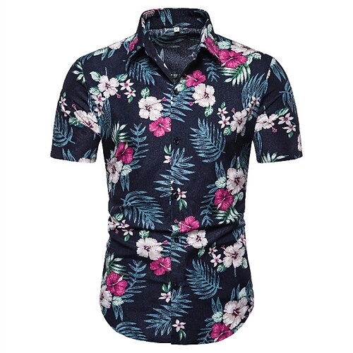 

Men's Shirt 3D Print Floral Graphic Patterned Turndown Street Daily 3D Button-Down Short Sleeve Tops Casual Fashion Comfortable Navy Blue / Beach