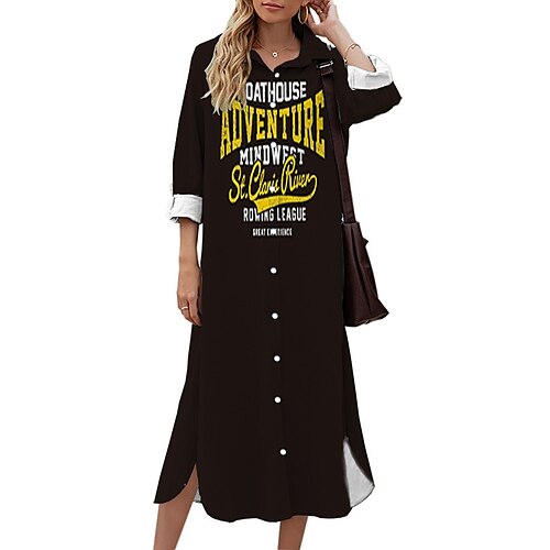 

Women's Shift Dress Midi Dress Black 3/4 Length Sleeve Letter Button Print Fall Spring Shirt Collar Casual Fashion 2022 S M L XL XXL 3XL
