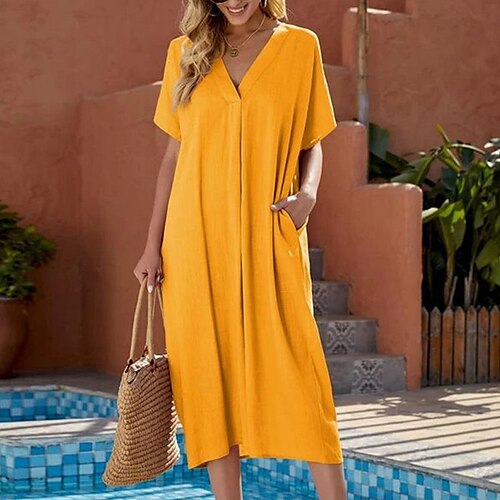 

Women's Shift Dress Midi Dress Yellow Short Sleeve Pure Color Pocket Spring Summer V Neck Casual Mature 2022 S M L XL XXL