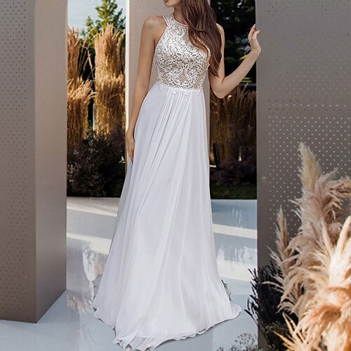 

A-Line Wedding Dresses Jewel Neck Court Train Chiffon Lace Tulle Sleeveless Beach Boho Sexy with Pleats Appliques 2022