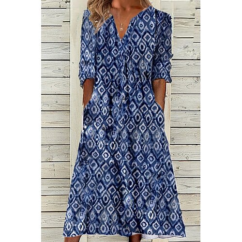 

Women's A Line Dress Midi Dress Blue 3/4 Length Sleeve Print Ruffle Print Spring Summer V Neck Stylish Casual 2022 S M L XL XXL 3XL