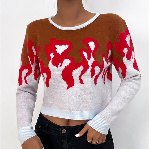 

Women's Pullover Sweater Jumper Knit Cropped Knitted Patchwork Color Block Crew Neck Stylish Casual Daily Going out Fall Winter Red S M L / Long Sleeve / Regular Fit
