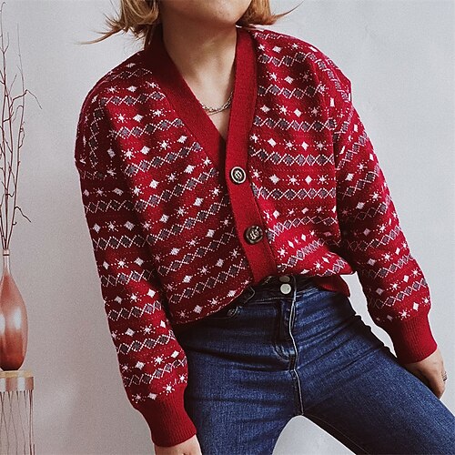 

Women's Cardigan Sweater Jumper Crochet Knit Knitted Print Floral V Neck Stylish Casual Holiday Outdoor Fall Winter Gray Red S M L / Long Sleeve