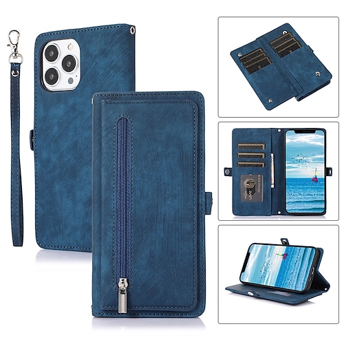 

Phone Case For Apple Wallet Card iPhone 14 Pro Max 14 Plus 13 12 11 Pro Max Mini X XR XS Zipper with Wrist Strap Card Holder Slots Solid Colored PU Leather