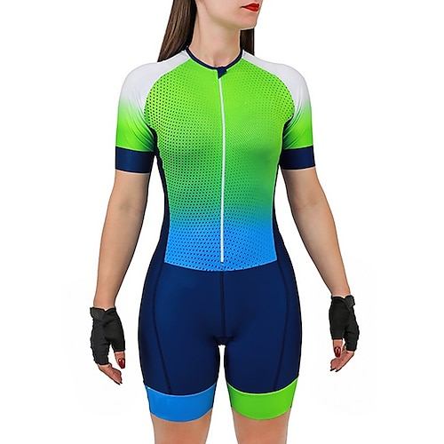 

21Grams Women's Triathlon Tri Suit Short Sleeve Mountain Bike MTB Road Bike Cycling Green Polka Dot Bike Clothing Suit 3D Pad Breathable Quick Dry Moisture Wicking Back Pocket Polyester Spandex Sports