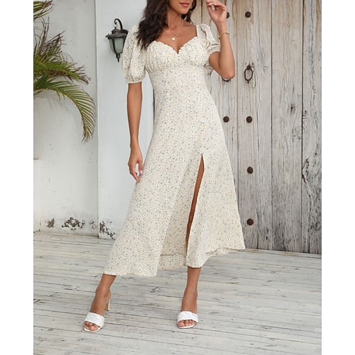 

Women's A Line Dress Maxi long Dress Beige Short Sleeve Floral Split Patchwork Print Summer V Neck Elegant Casual Fashion 2022 S M L XL