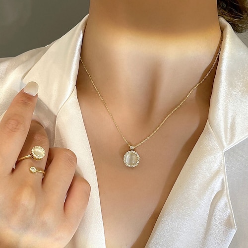 

Rotating Cat Eye Ring Bracelet Clavicle Chain Micro-Set Zircon Round Rotatable Necklace Luxury Gift for Girls