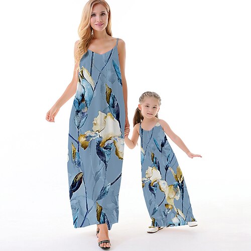 

Mommy and Me Dresses Floral Causal Backless Blue Sleeveless Maxi Strap Dress Active Matching Outfits