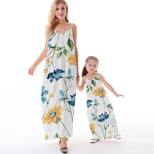 

Mommy and Me Dresses Floral Daily Backless White Sleeveless Maxi Strap Dress 3D Print Active Matching Outfits / Vacation / Spring / Summer / Casual