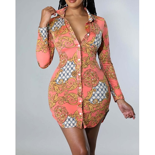 

Women's Sheath Dress Short Mini Dress Orange Long Sleeve Print Patchwork Print Fall Spring Shirt Collar Casual Fashion Modern 2022 S M L XL XXL