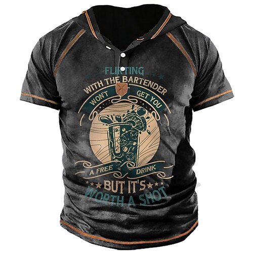 

Men's Unisex T shirt Tee 3D Print Graphic Prints Drink Letter Hooded Street Daily Button-Down Print Short Sleeve Tops Designer Casual Big and Tall Sports Black Army Green Brown / Summer