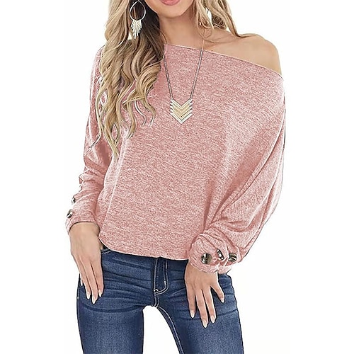 

women's autumn winter tops one word off-shoulder buttons long-sleeved loose casual t-shirt