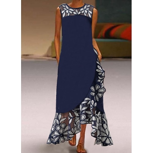 

Women's Long Dress Maxi Dress Blue Sleeveless Floral Ruched Spring Summer Crew Neck Fashion Weekend 2022 S M L XL XXL 3XL