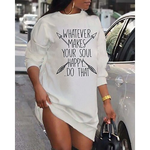 

Women's Shift Dress Short Mini Dress White Long Sleeve Print Letter Print Fall Spring Crew Neck Casual Fashion 2022 S M L XL XXL 3XL