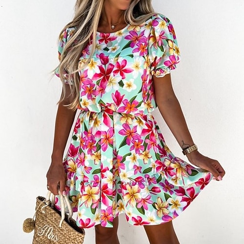 

Women's A Line Dress Short Mini Dress Purple Pink Fuchsia Orange Short Sleeve Floral Print Print Spring Summer Crew Neck Stylish Casual Modern 2022 S M L XL XXL