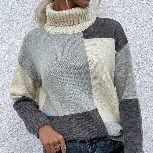 

Women's Pullover Sweater Jumper Ribbed Knit Knitted Color Block Turtleneck Stylish Casual Daily Holiday Drop Shoulder Fall Winter Gray S M L / Long Sleeve / Regular Fit / Going out