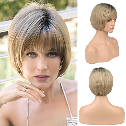 

Blonde Bob Wig With Air Bangs for White Women 10 Short Ombre Ash Blonde with Dark Roots Hair Wigs Synthetic Side Part Natural Looking Hairpiece