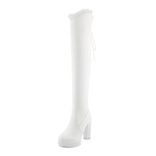 

Women's Boots Daily Over The Knee Boots Winter Chunky Heel Round Toe Sexy PU Leather Zipper Solid Colored Black White
