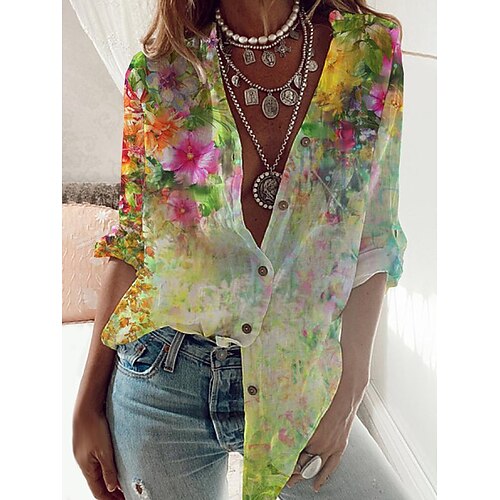 

Women's Blouse Floral Daily Weekend Floral Blouse Shirt Long Sleeve Button Print Standing Collar Casual Streetwear Green S / 3D Print