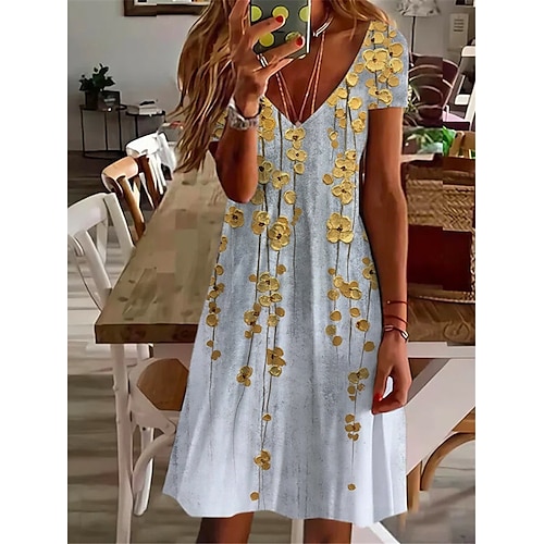 

Mulheres Vestido casual Vestido de turno Verde Azul Amarelo Manga Curta Floral Imprimir Primavera Verão Decote V 2022 S M L XL XXL 3XL