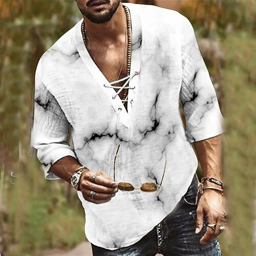 

Men's T shirt Tee 3D Print Graphic Patterned V Neck Street Daily Drawstring 3D Half Sleeve Tops Casual Fashion Comfortable White / Beach