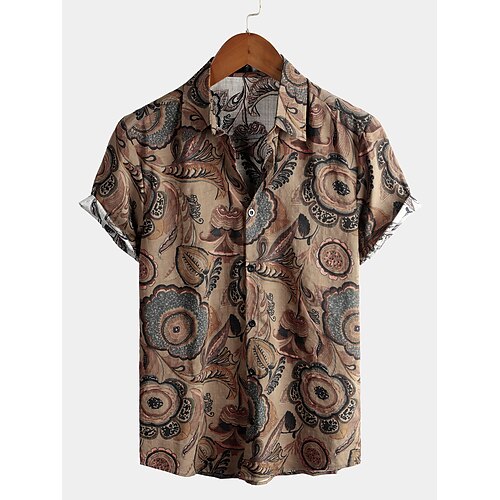 

Men's Shirt Print Fish Classic Collar Party Daily Print Short Sleeve Tops Basic Boho Brown / Beach