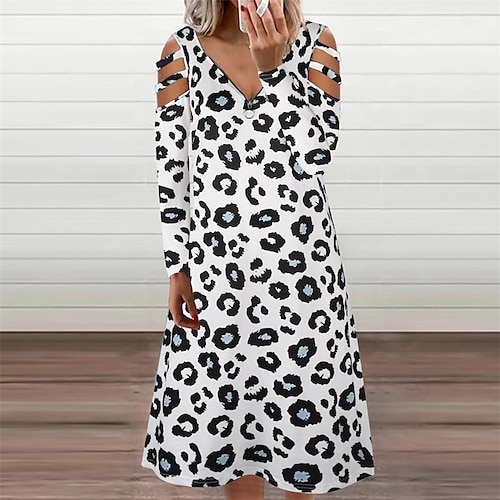 

Women's A Line Dress Knee Length Dress Black And White White Black Long Sleeve Floral Cold Shoulder Print Fall Spring V Neck Casual 2022 S M L XL XXL