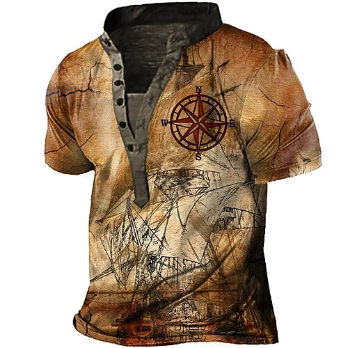 

Men's Henley Shirt Tee T shirt Tee 3D Print Graphic Patterned Compass Stand Collar Daily Sports Button-Down Print Short Sleeve Tops Basic Casual Classic Big and Tall Brown / Summer