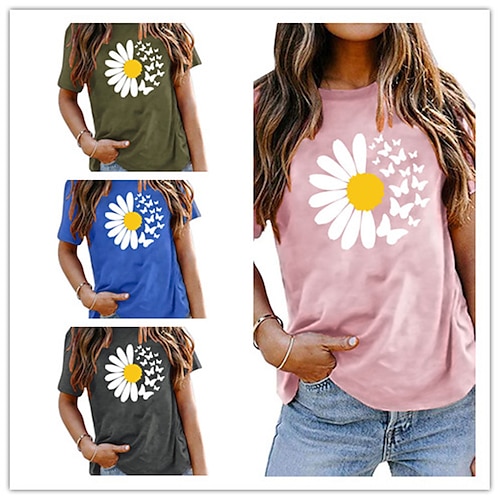 

dame t-shirt basic print blomst/blomstret basic rund hals t-shirt ærme stard sommer blå sort mørk rød mørk pink mørkeblå