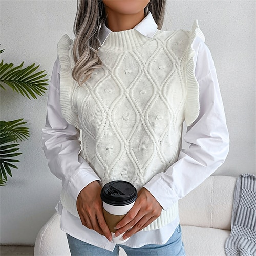 

Women's Sweater Vest Jumper Cable Knit Ruffle Knitted Pure Color Stand Collar Stylish Casual Daily Holiday Fall Winter White Blue S M L / Sleeveless