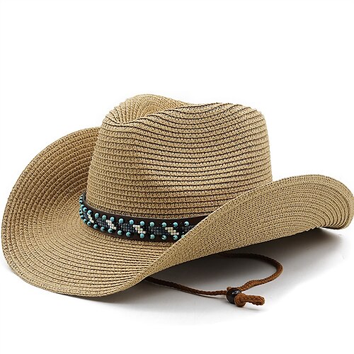 

British Wind with Bead Leather Rope Cowgirl Summer Straw Hat for Women Men Western Cowboy Hat Lady Trendy Beach Sun Hat